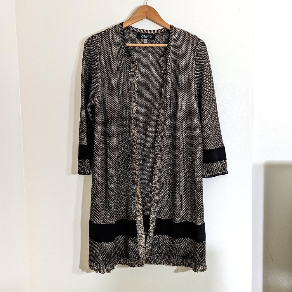 Kasper Cotton Popcorn Stitch Fringe Cardigan Sweater Tan/Black Tweed ‎ Size M